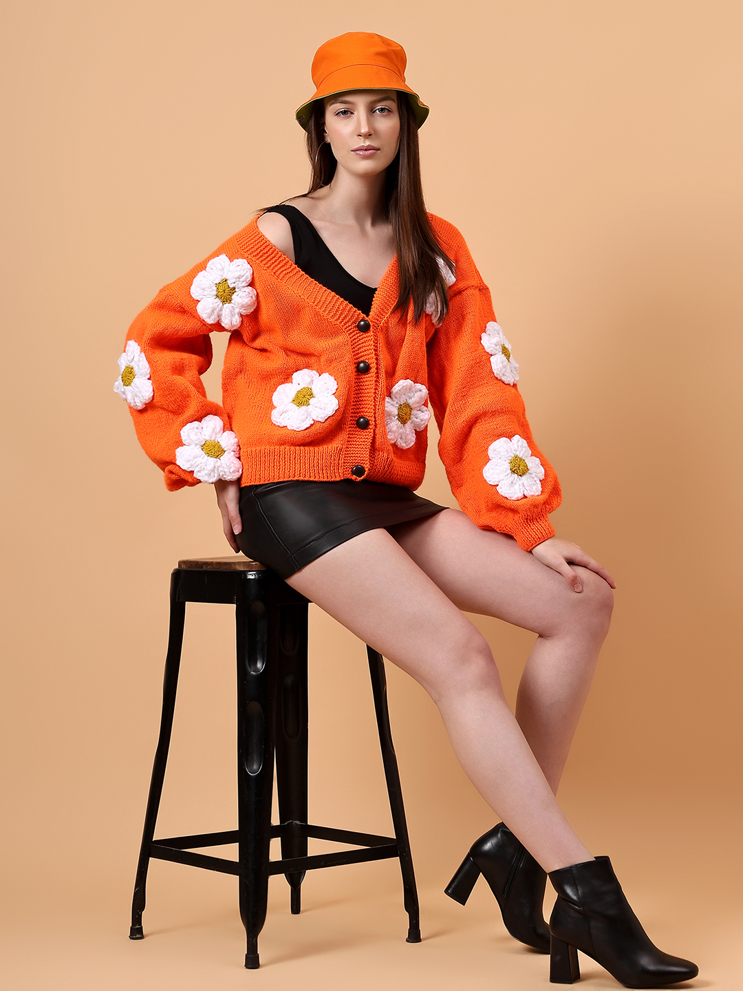 Floral Garland Baggy Cardigan - Orange