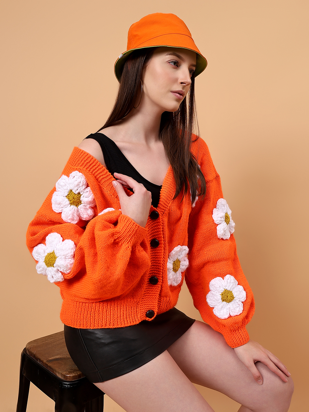 Floral Garland Baggy Cardigan - Orange