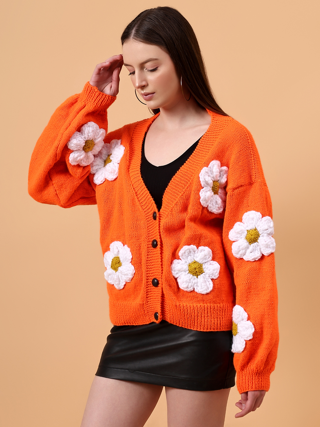 Floral Garland Baggy Cardigan - Orange