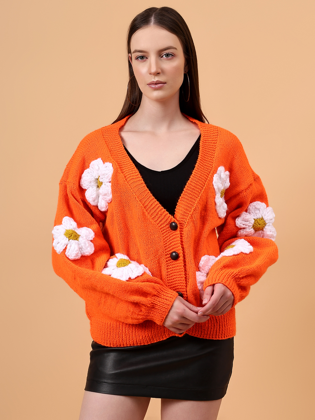 Floral Garland Baggy Cardigan - Orange