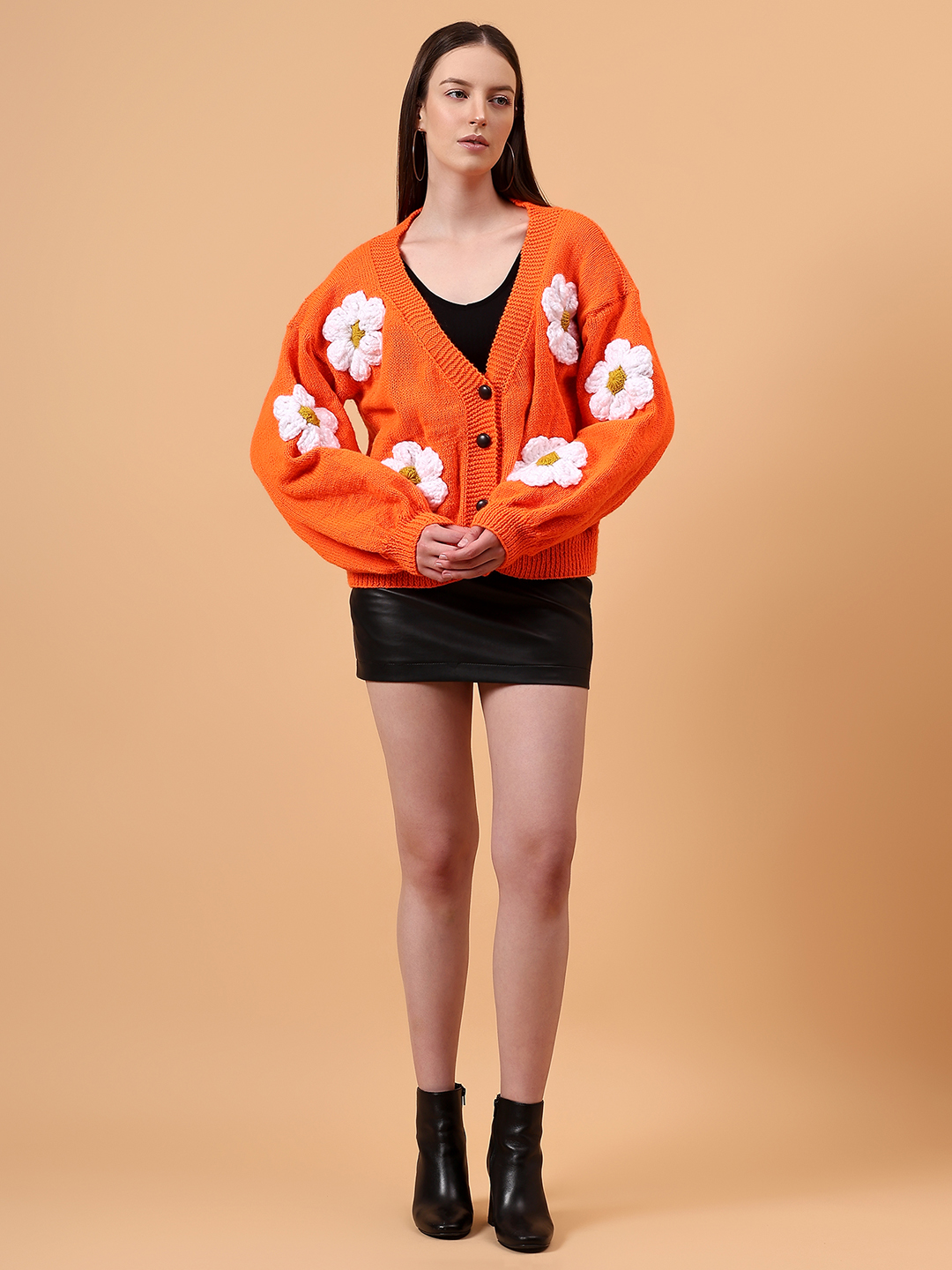 Floral Garland Baggy Cardigan - Orange