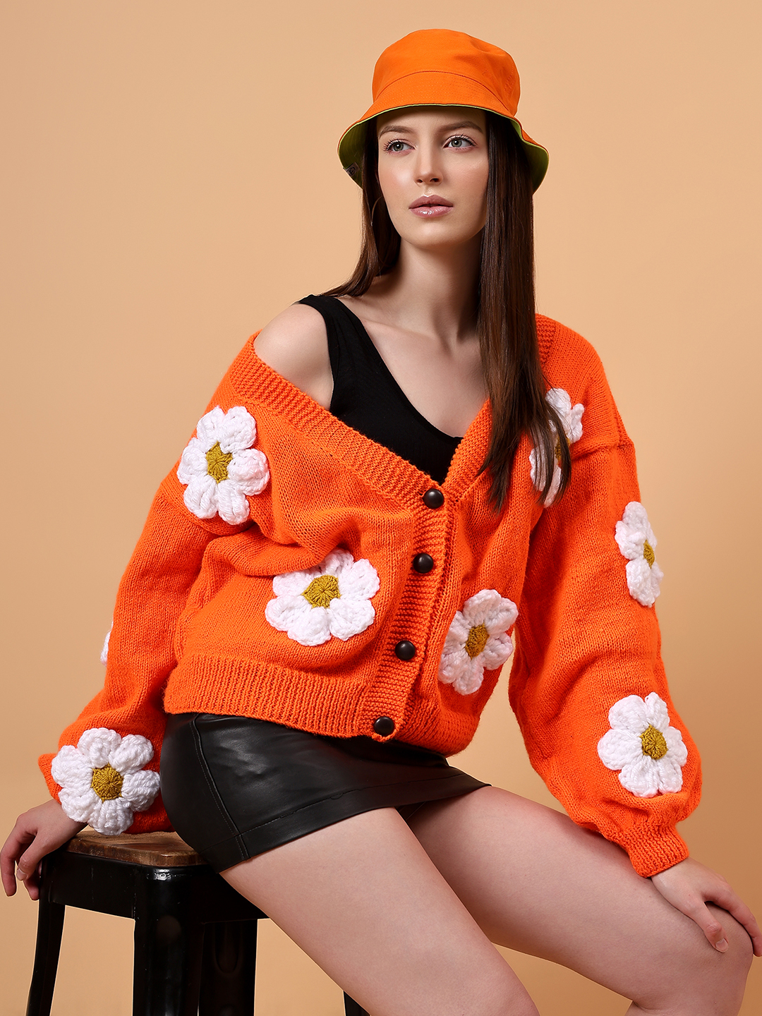 Floral Garland Baggy Cardigan - Orange