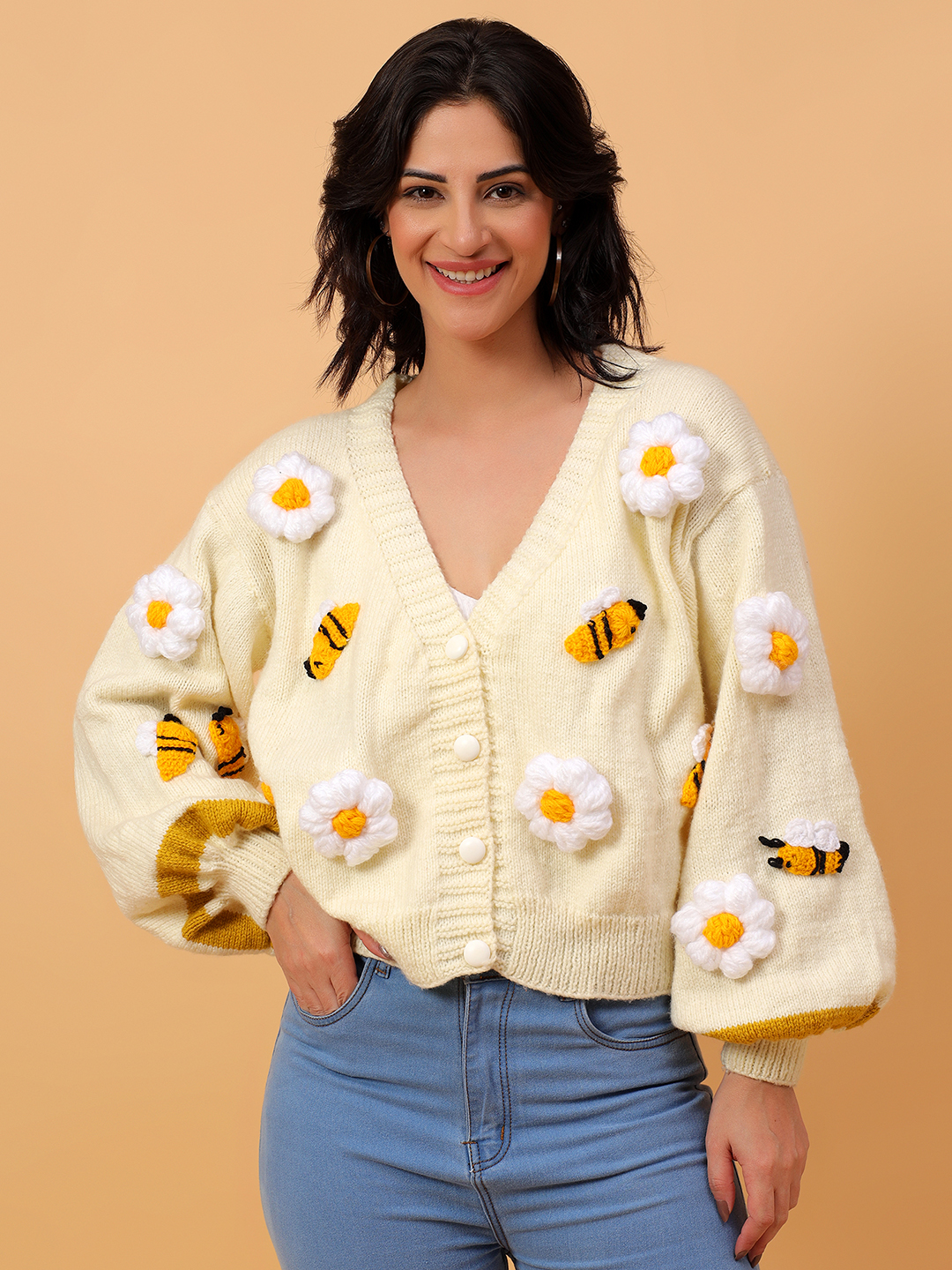 Floral Honey Bee Detailed Overszed Cardigan - Cream