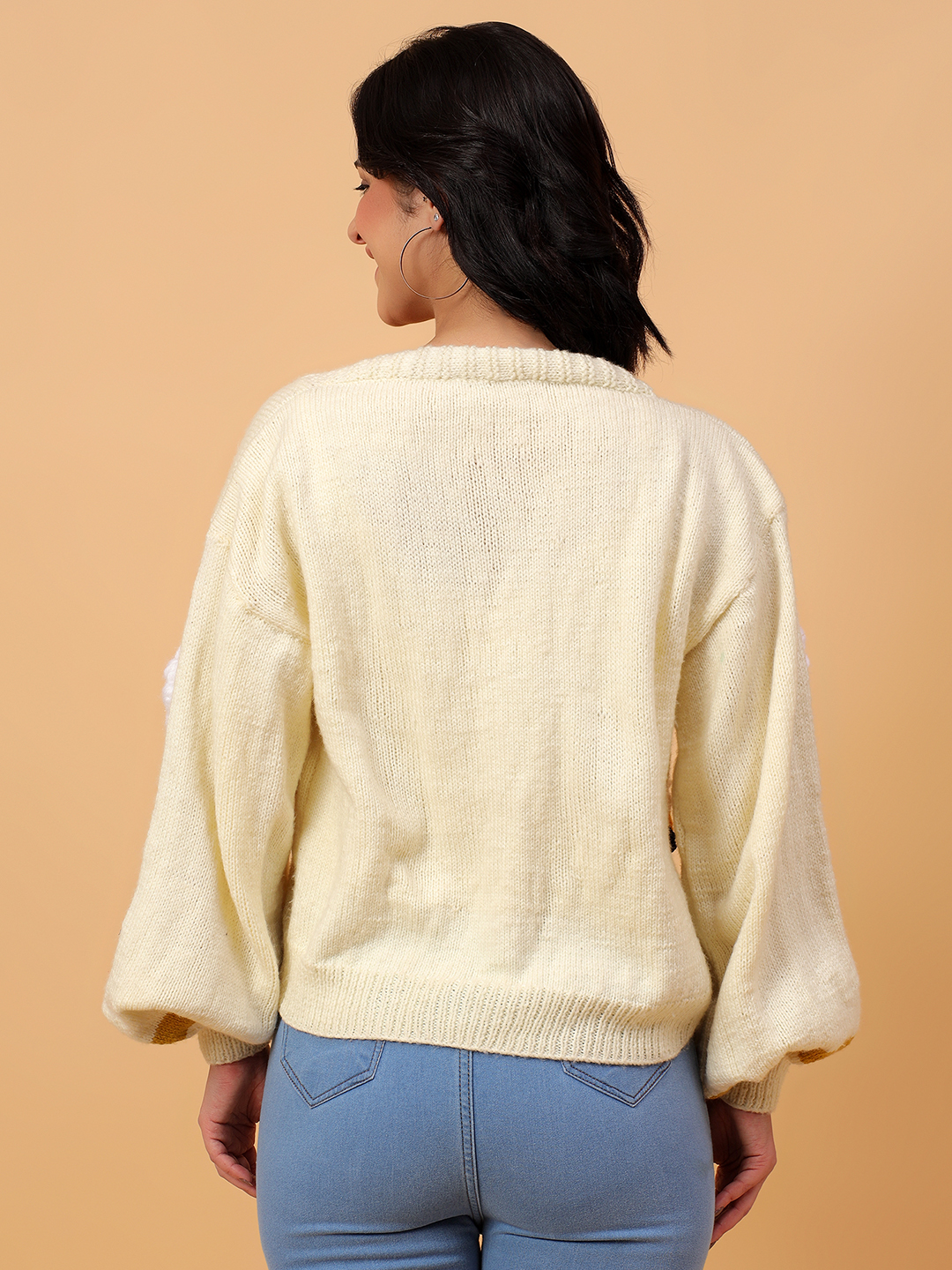 Floral Honey Bee Detailed Overszed Cardigan - Cream