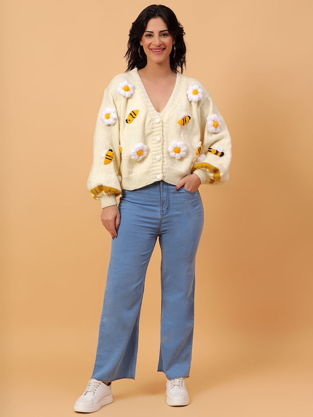 Floral Honey Bee Detailed Overszed Cardigan - Cream