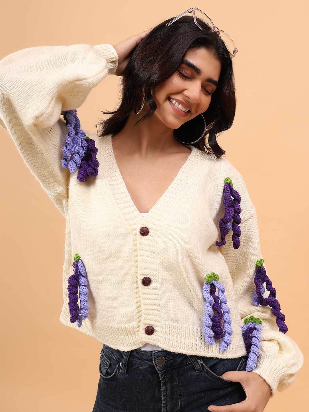 Hanging Appliques Cardigan - Cream