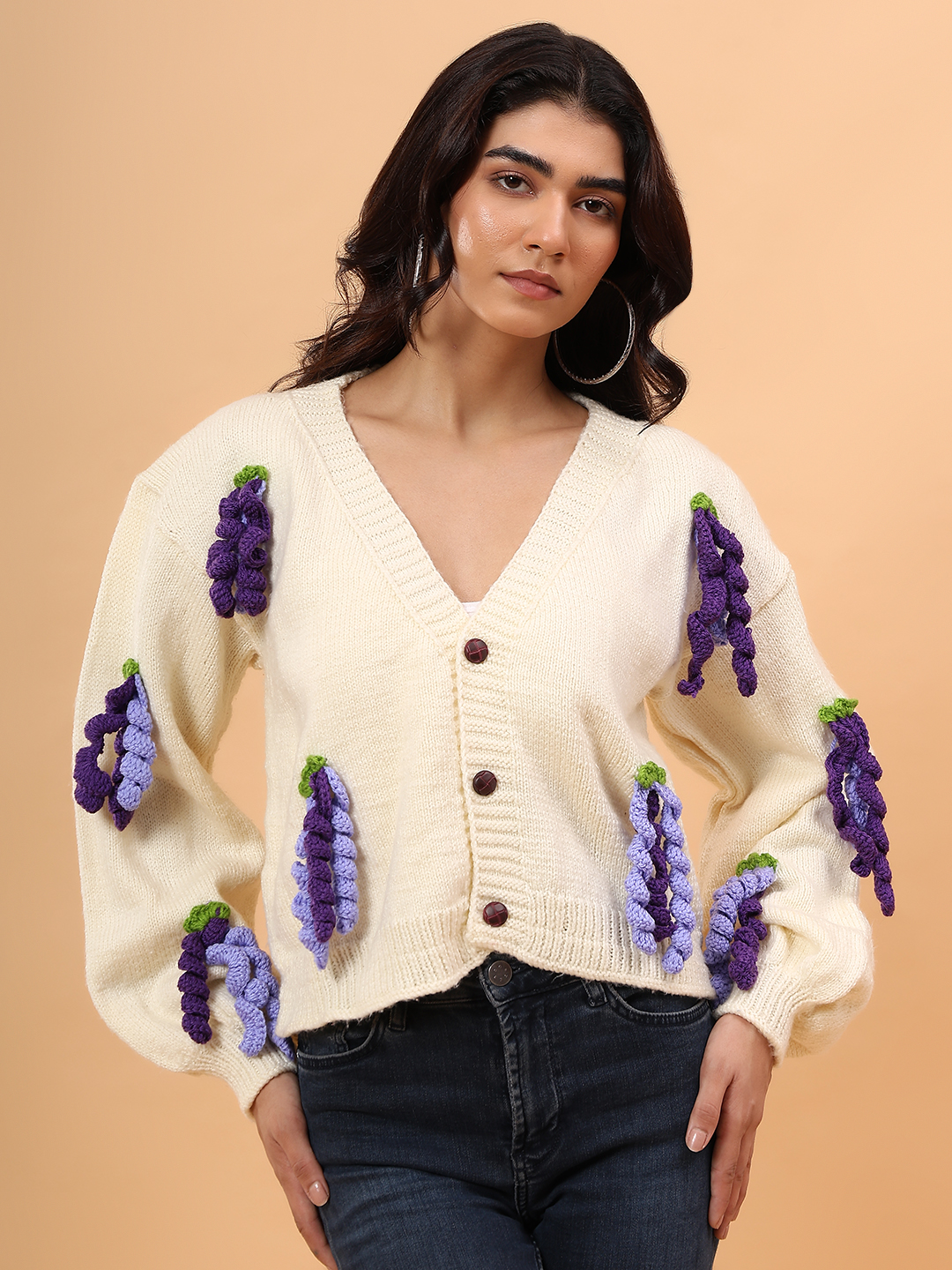 Hanging Appliques Cardigan - Cream
