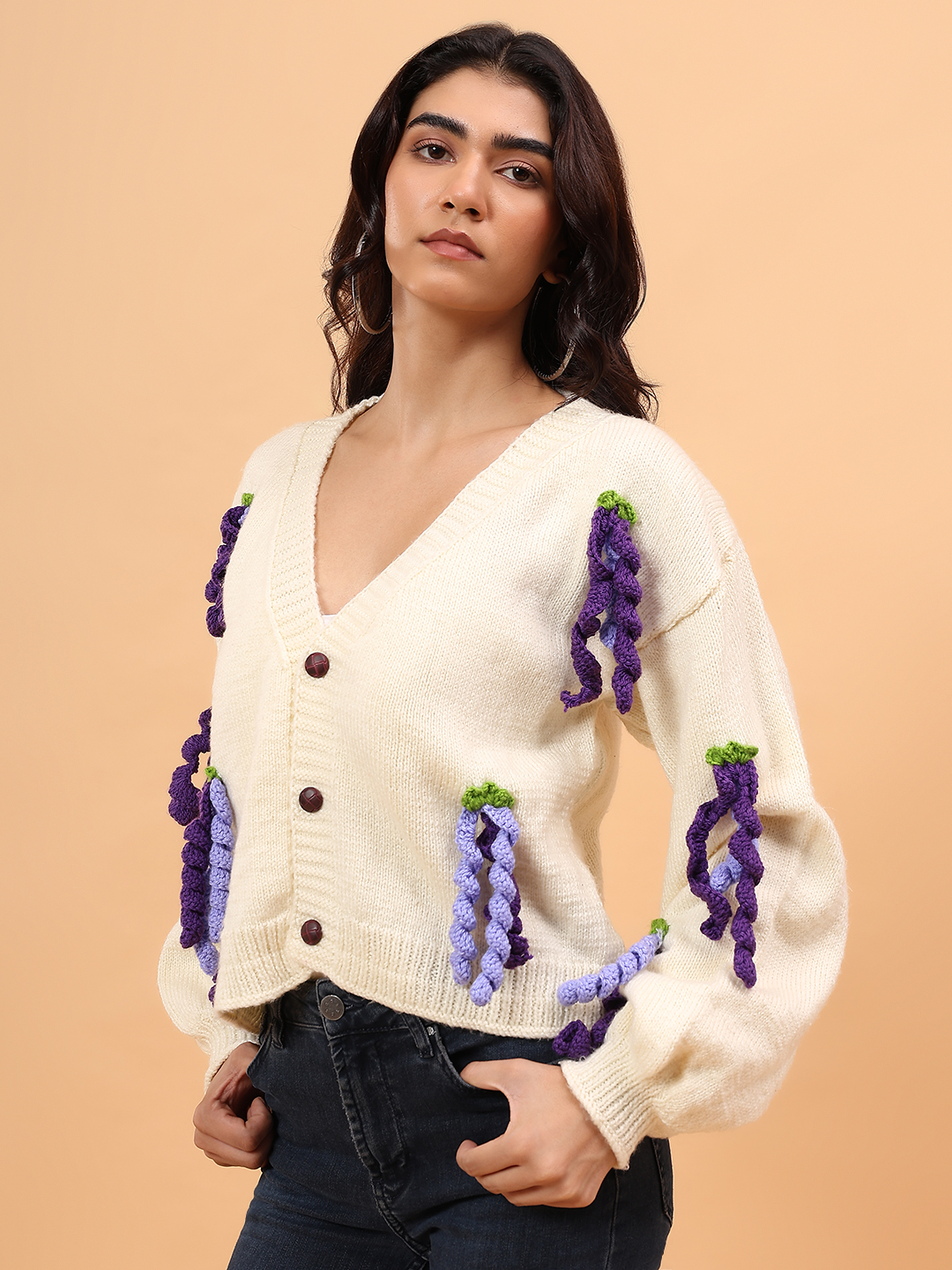Hanging Appliques Cardigan - Cream