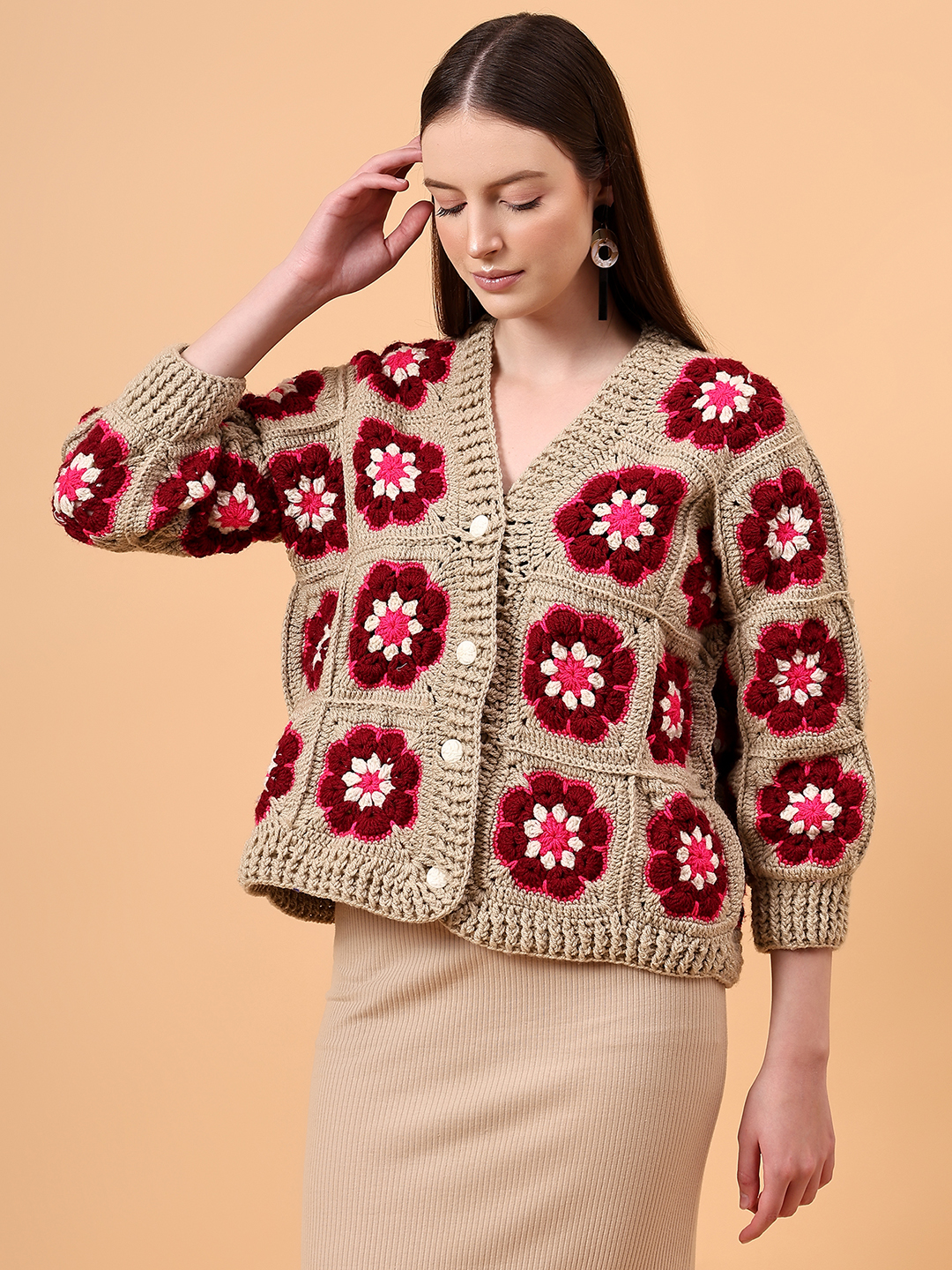 Crochet Floral Cardigan - Beige