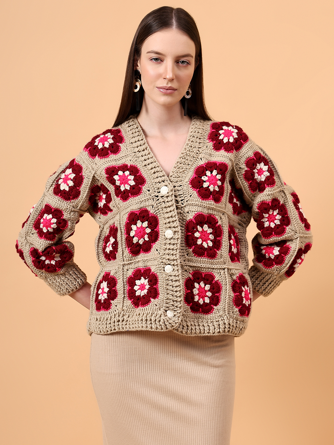 Crochet Floral Cardigan - Beige