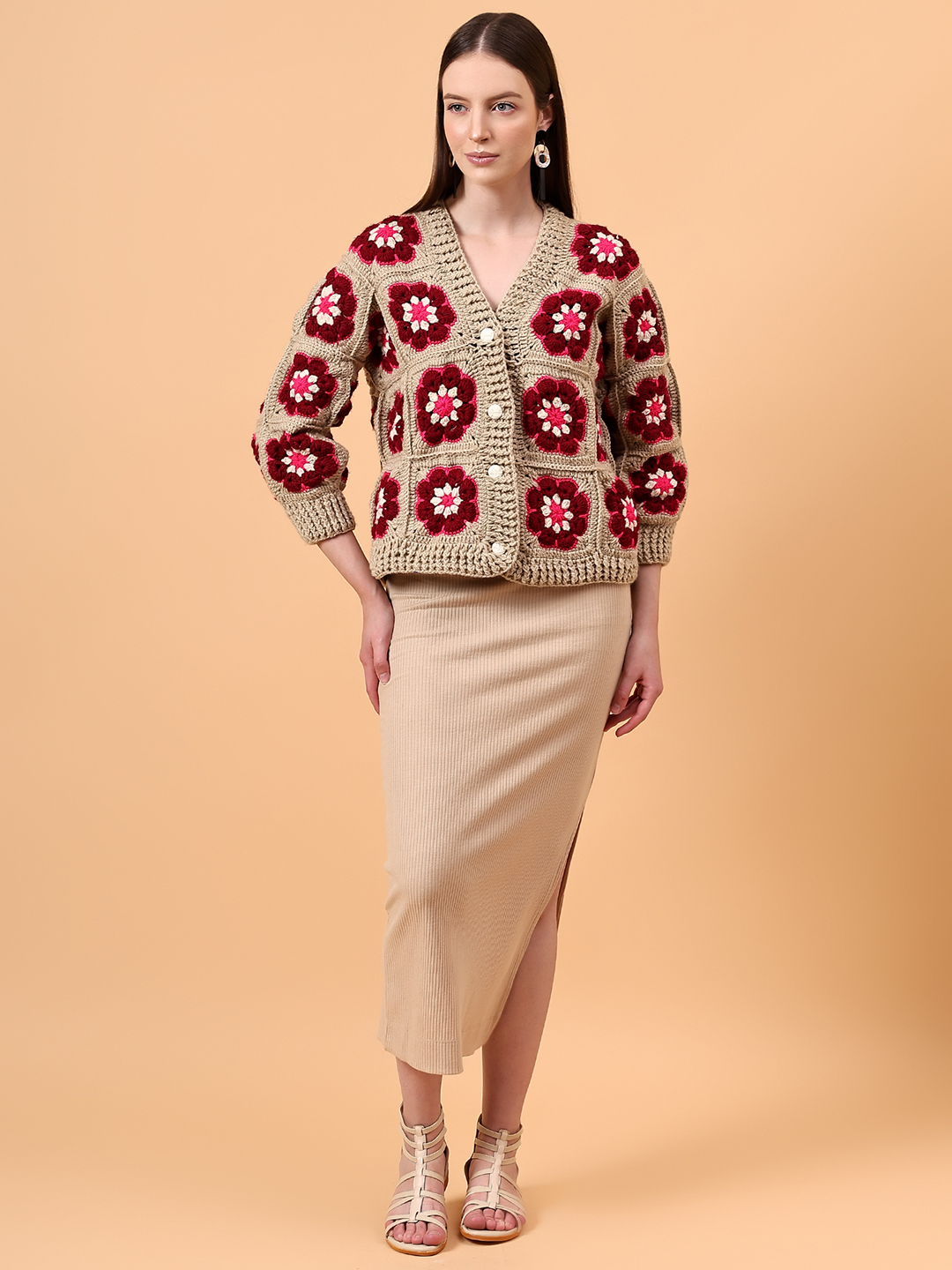 Crochet Floral Cardigan - Beige
