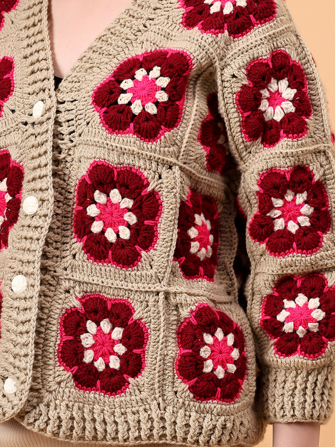 Crochet Floral Cardigan - Beige