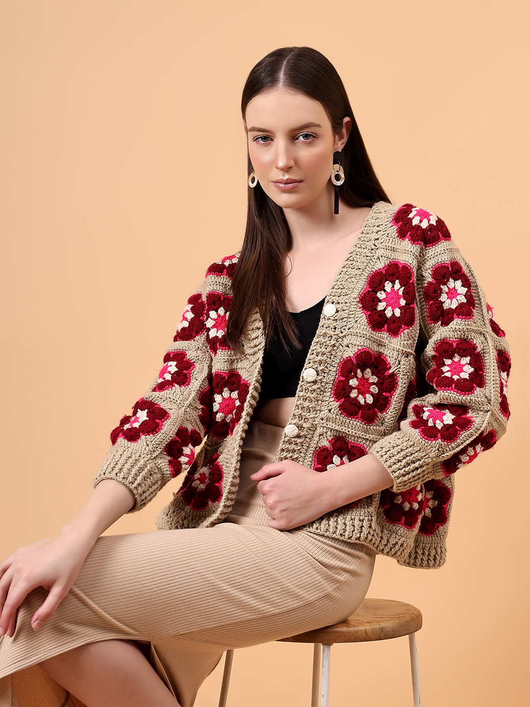 Crochet Floral Cardigan - Beige