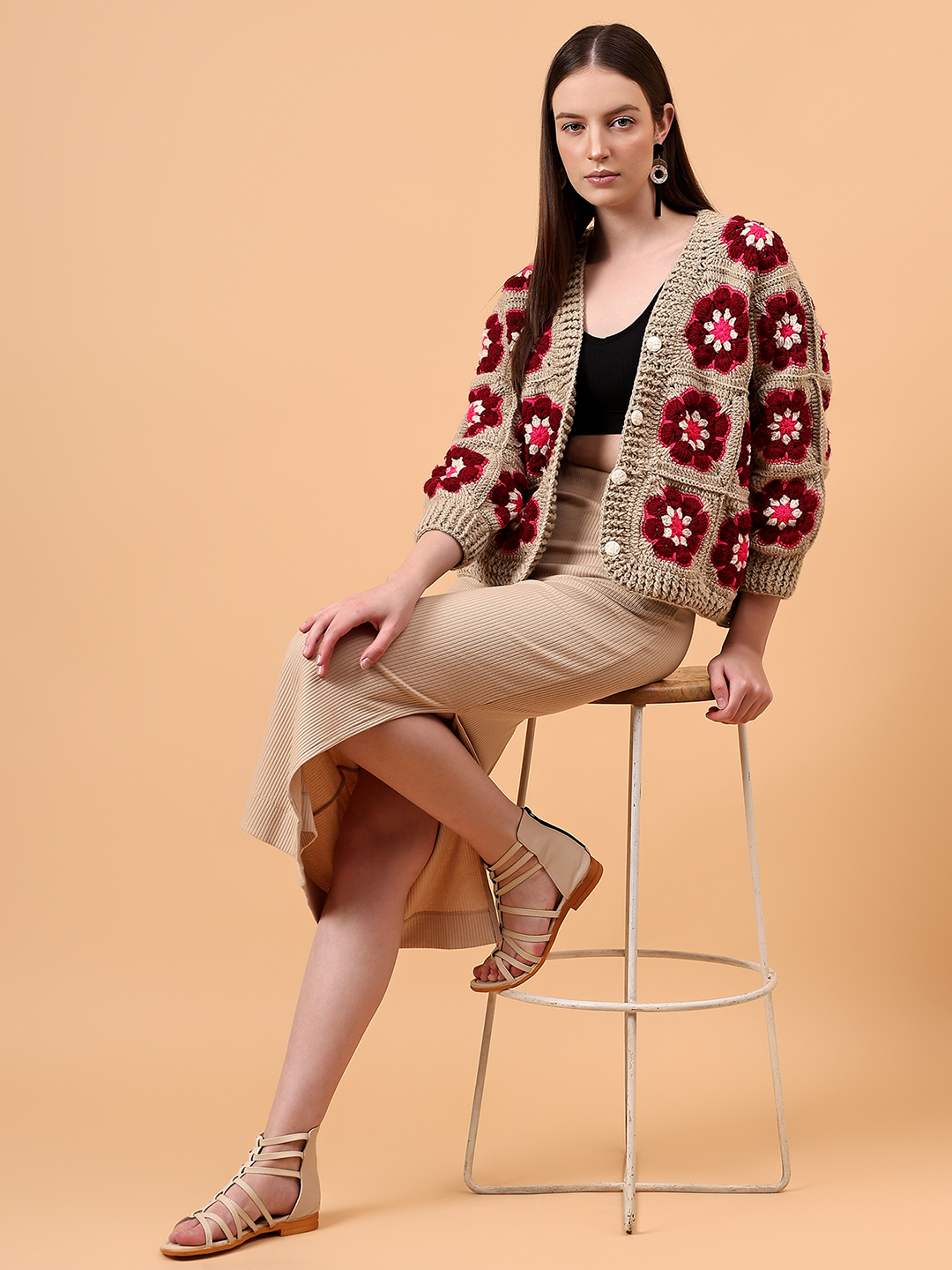 Crochet Floral Cardigan - Beige