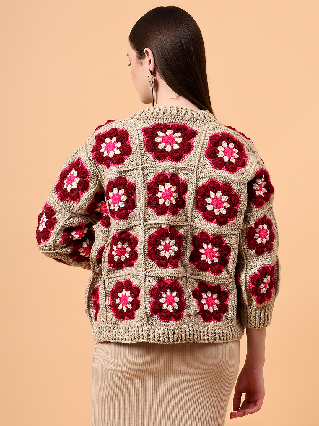 Crochet Floral Cardigan - Beige