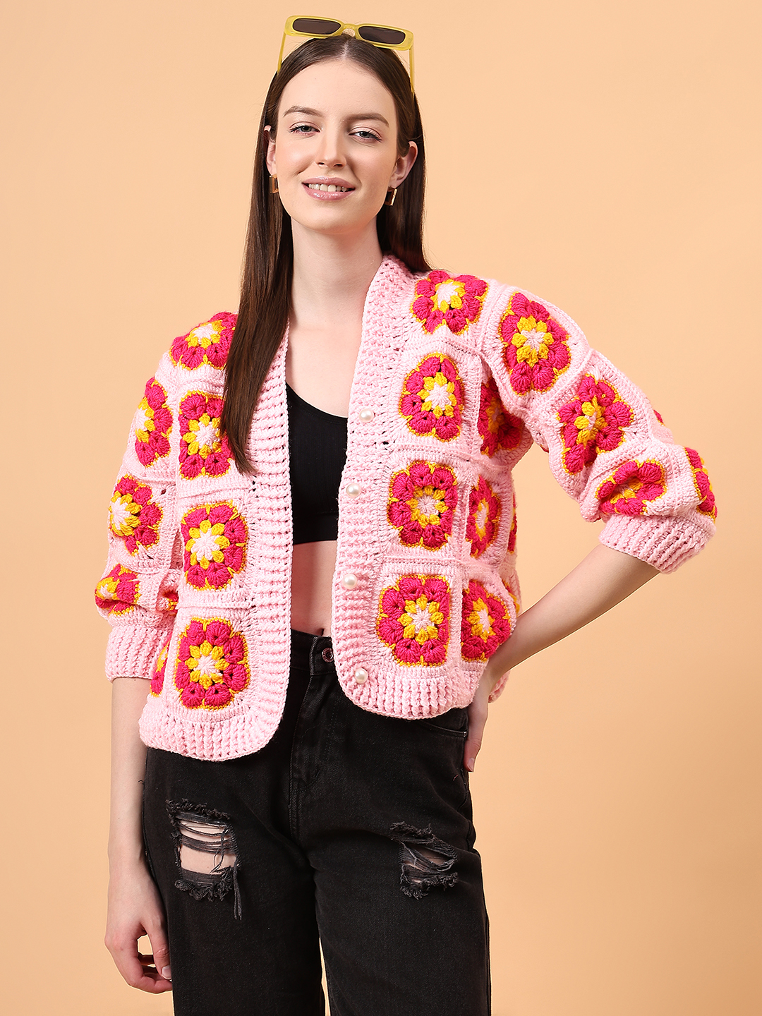 Crochet Floral Cardigan - Pink
