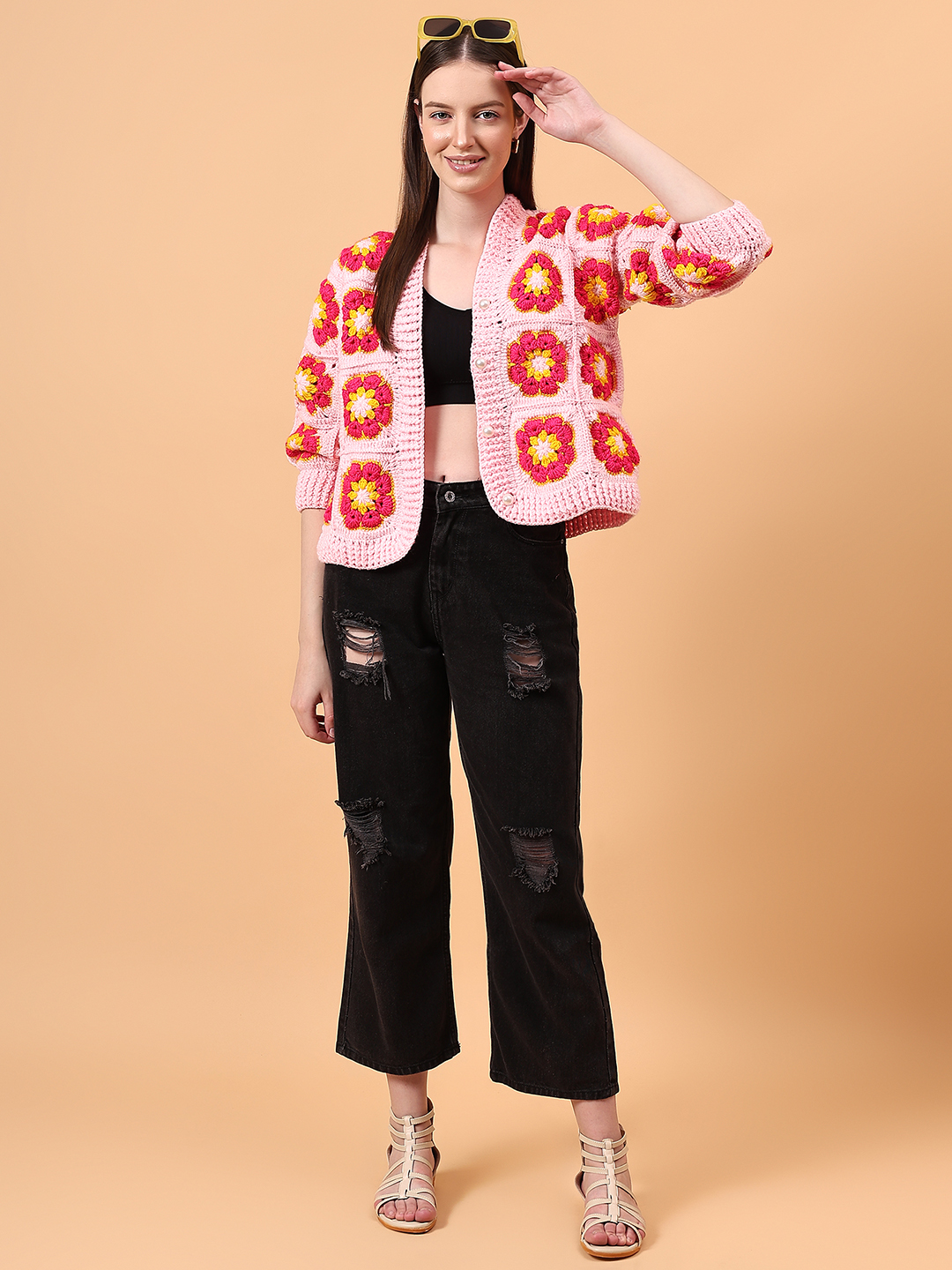 Crochet Floral Cardigan - Pink