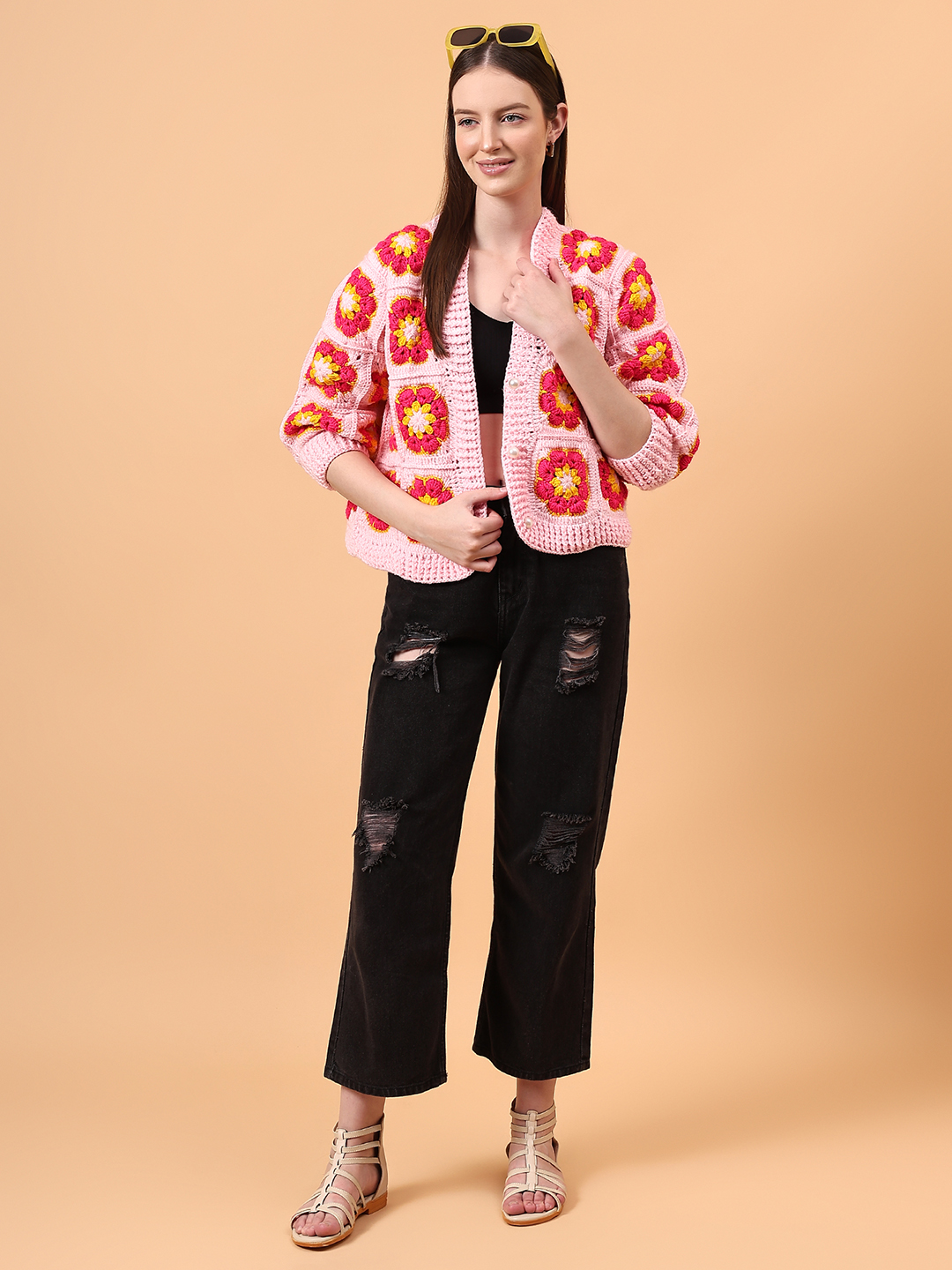 Crochet Floral Cardigan - Pink