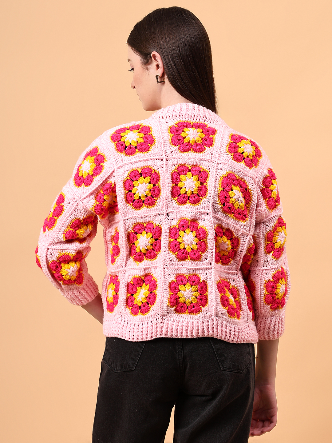 Crochet Floral Cardigan - Pink