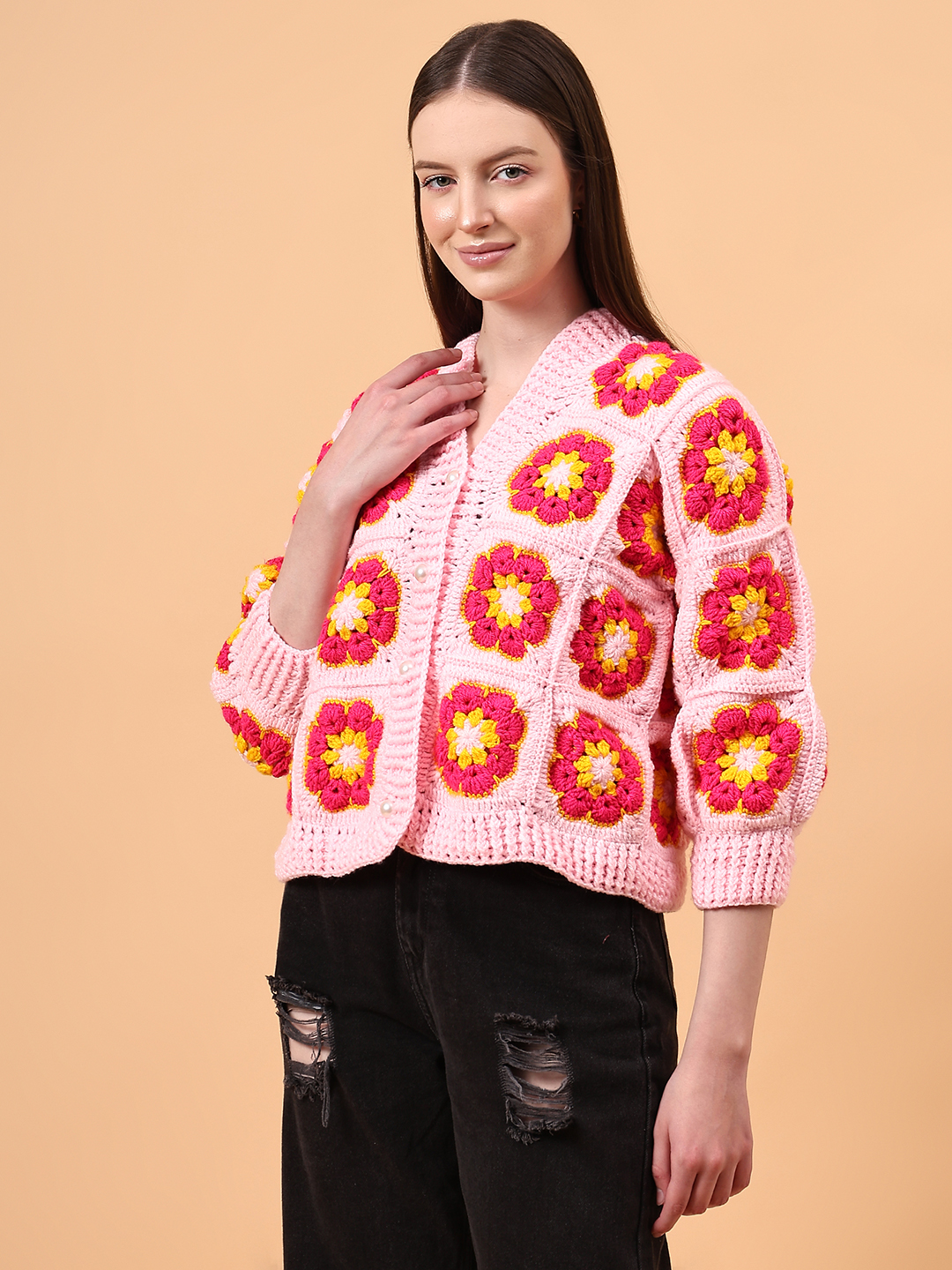 Crochet Floral Cardigan - Pink