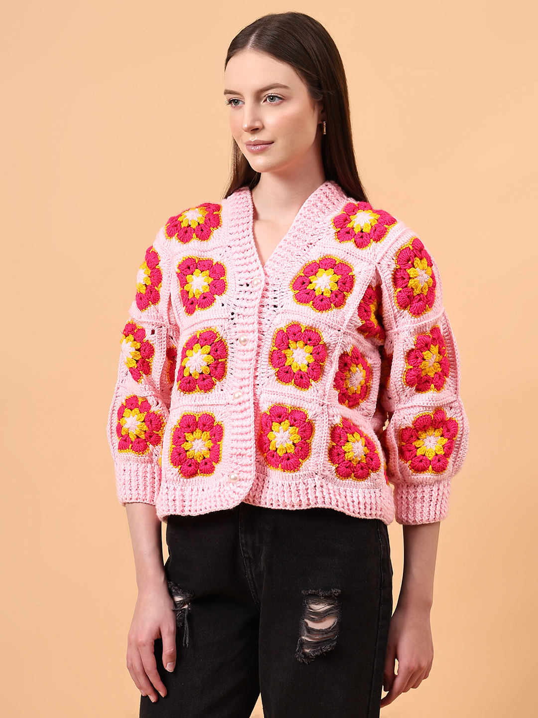 Crochet Floral Cardigan - Pink