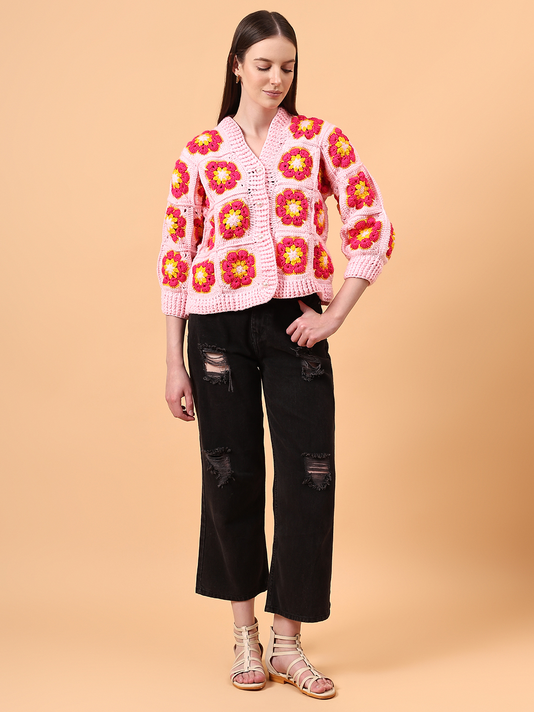 Crochet Floral Cardigan - Pink