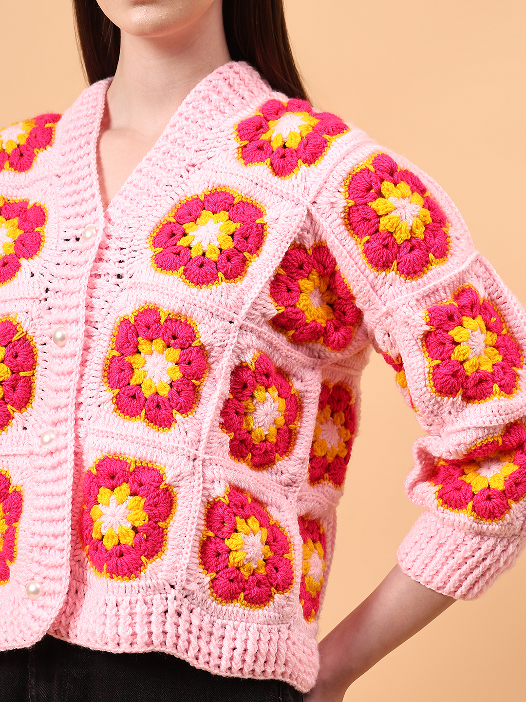 Crochet Floral Cardigan - Pink