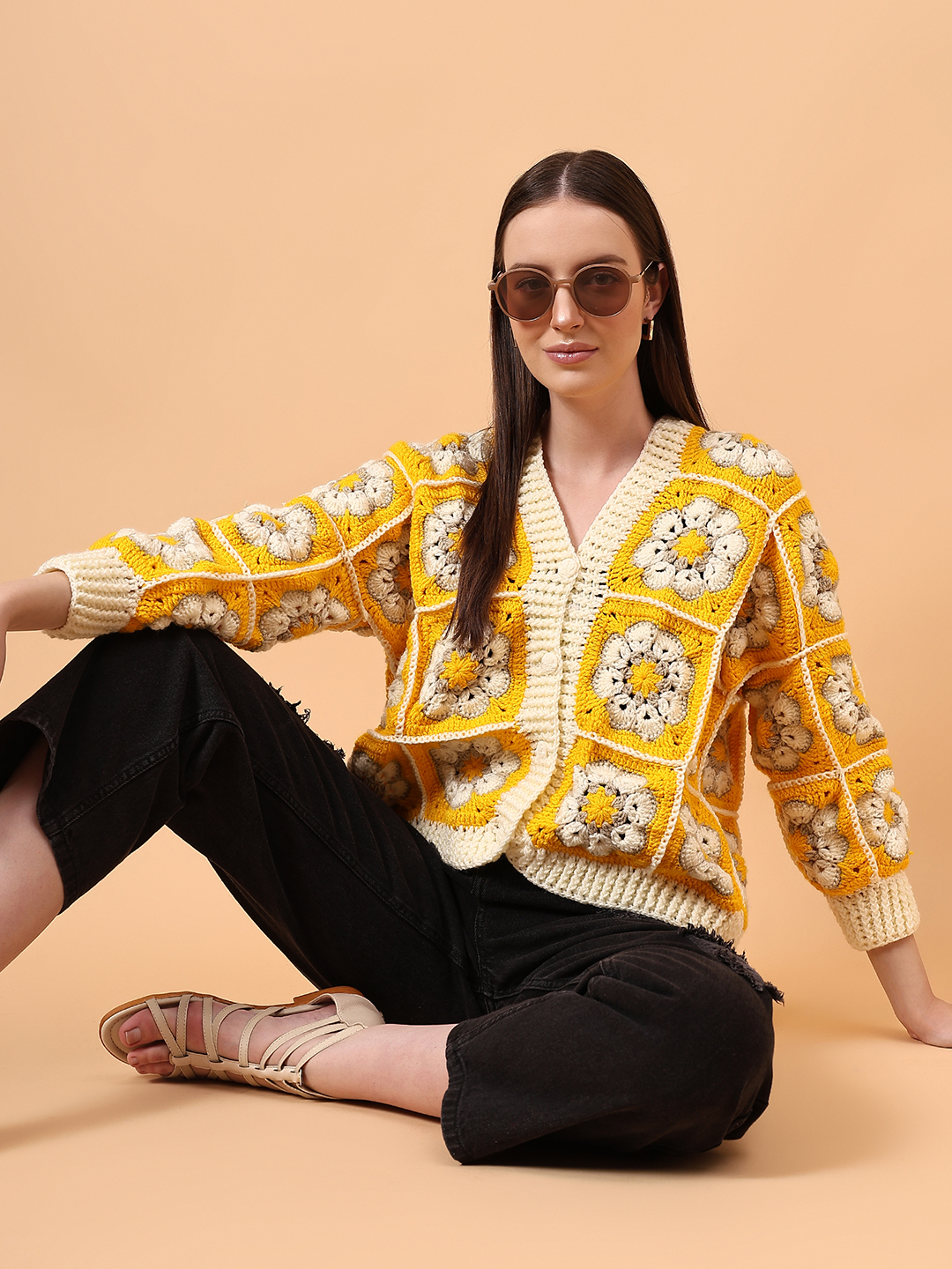 Crochet Floral Cardigan - Yellow