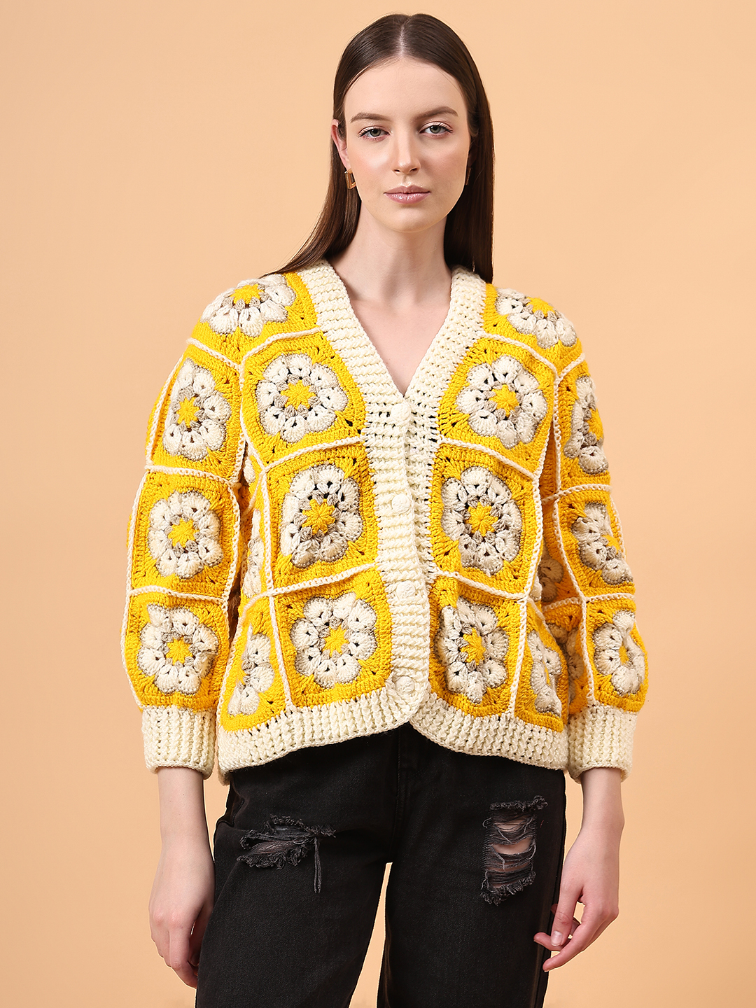 Crochet Floral Cardigan - Yellow