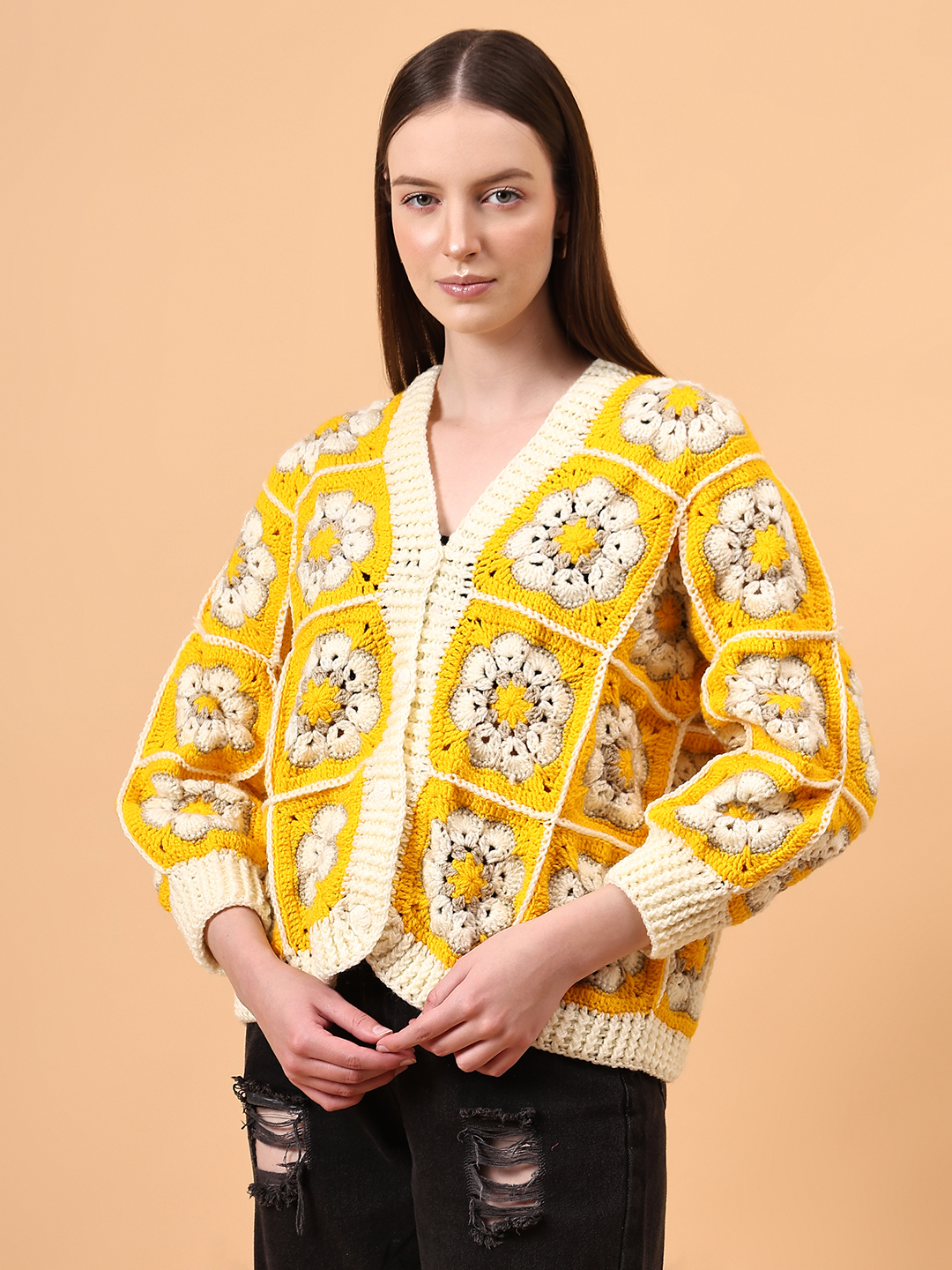 Crochet Floral Cardigan - Yellow