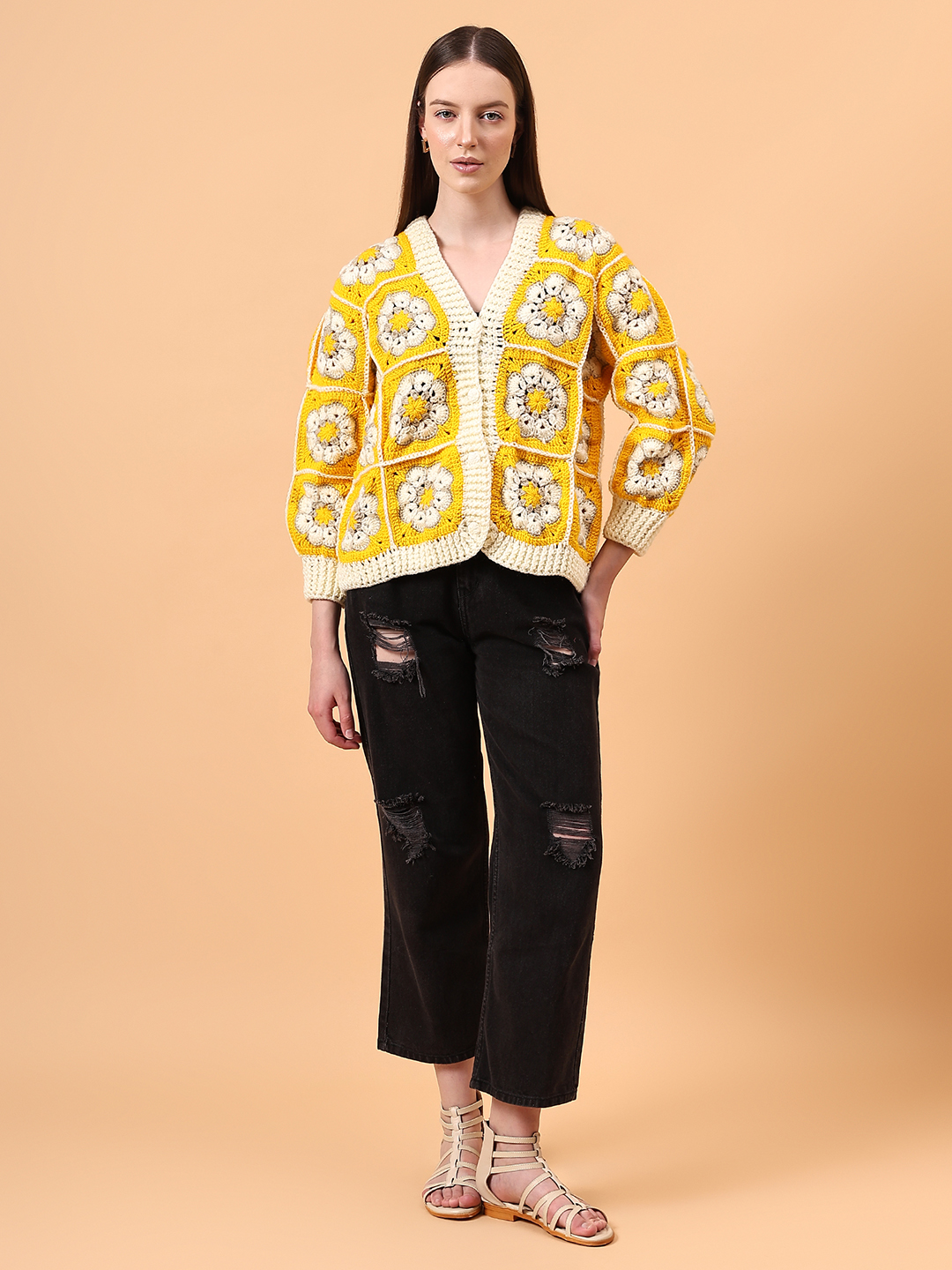 Crochet Floral Cardigan - Yellow