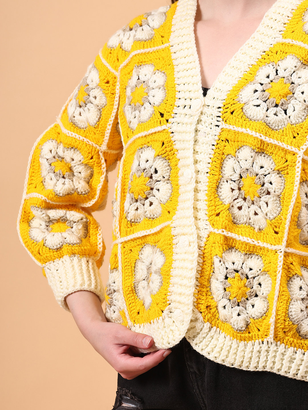 Crochet Floral Cardigan - Yellow