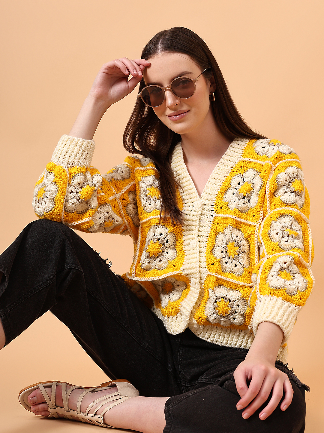 Crochet Floral Cardigan - Yellow