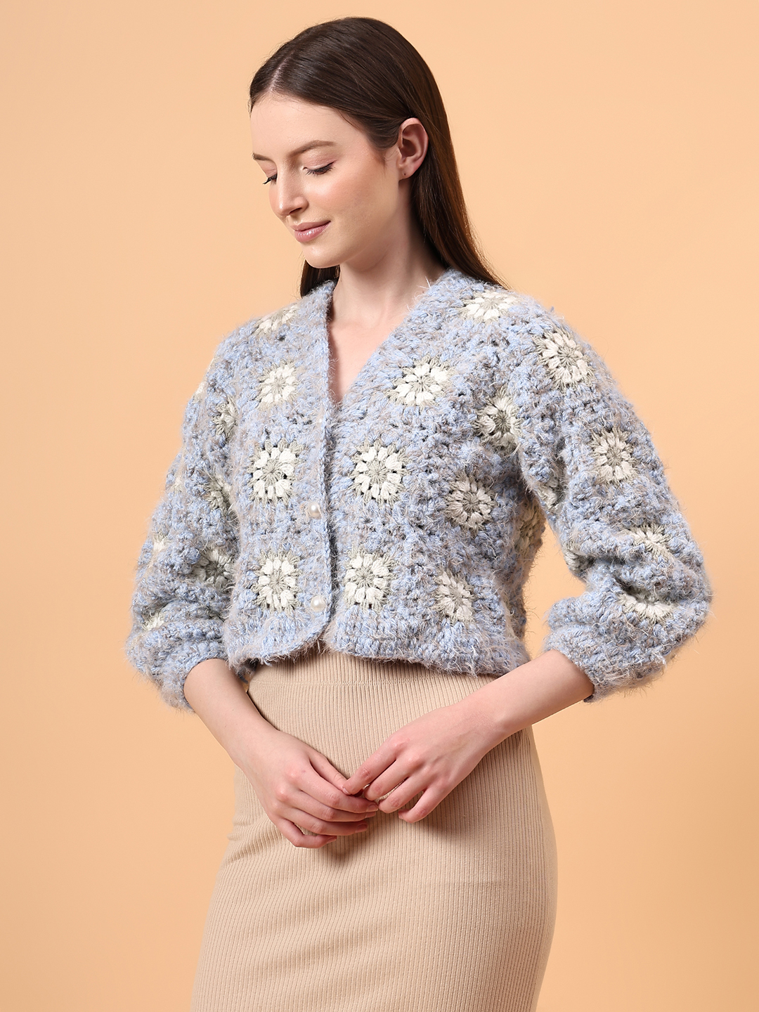 Fur Detailed Crochet Crop Cardigan - Blue