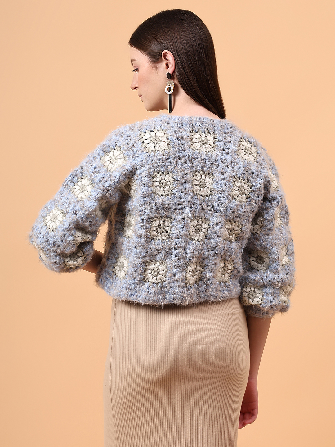 Fur Detailed Crochet Crop Cardigan - Blue