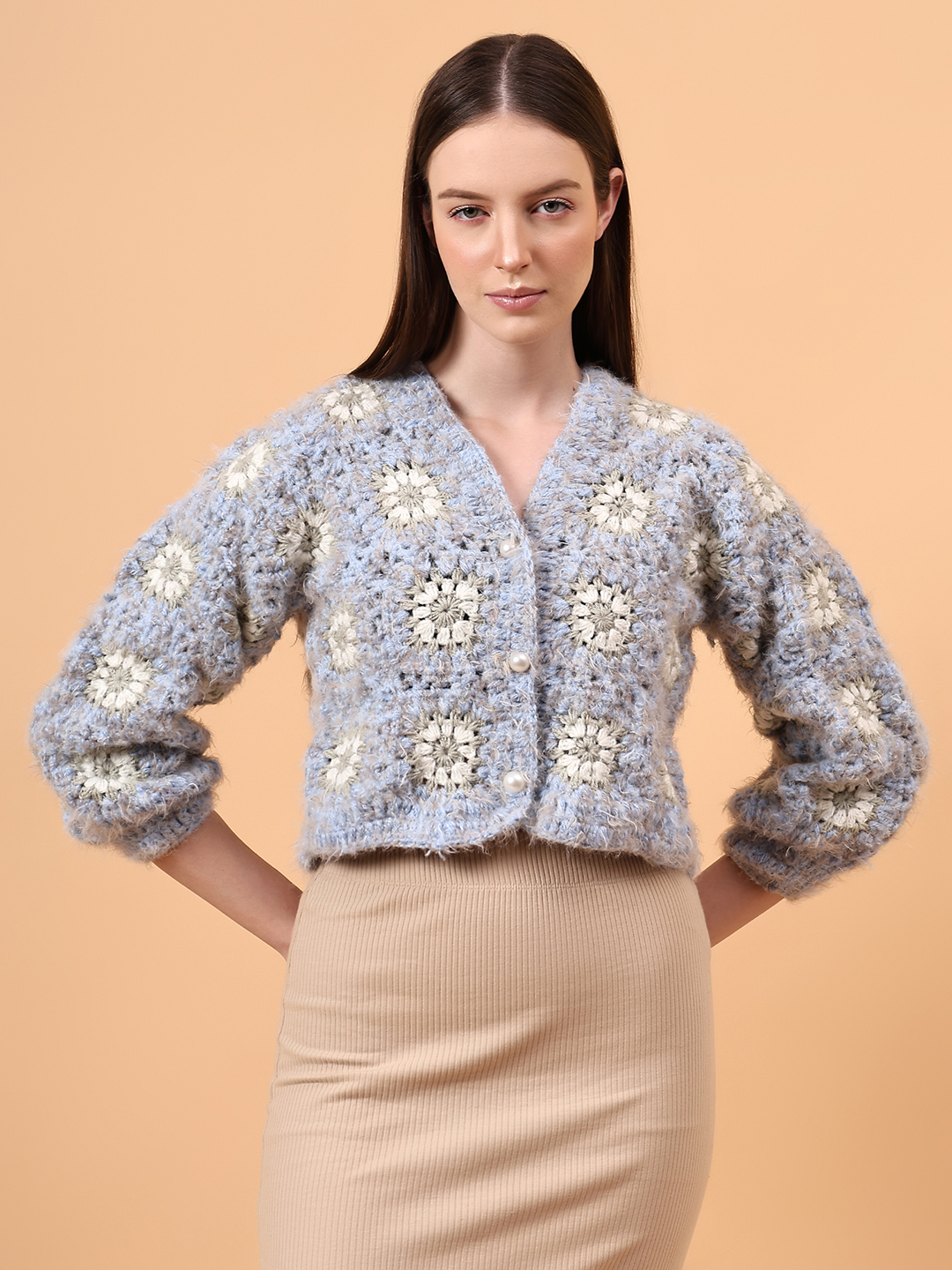 Fur Detailed Crochet Crop Cardigan - Blue