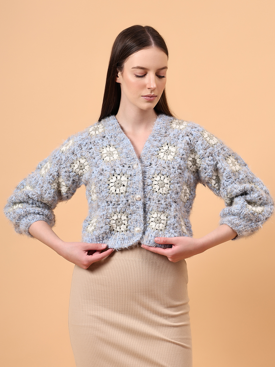 Fur Detailed Crochet Crop Cardigan - Blue