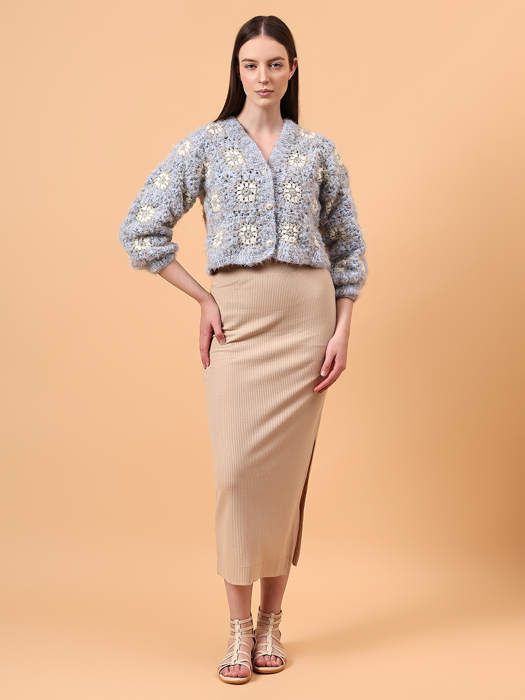 Fur Detailed Crochet Crop Cardigan - Blue