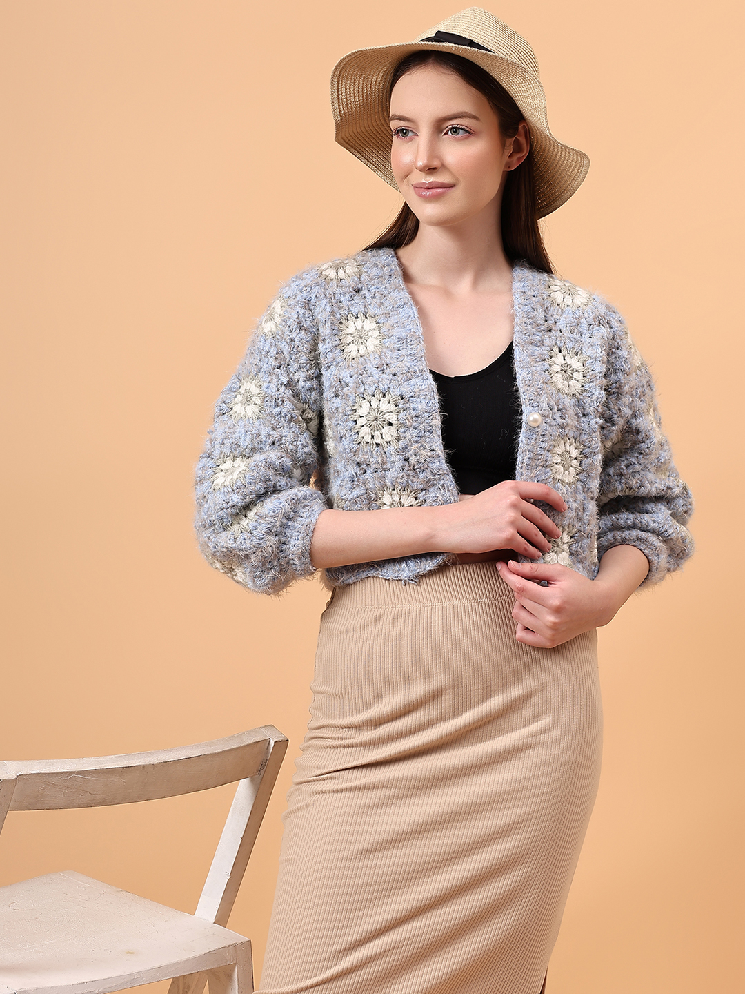 Fur Detailed Crochet Crop Cardigan - Blue