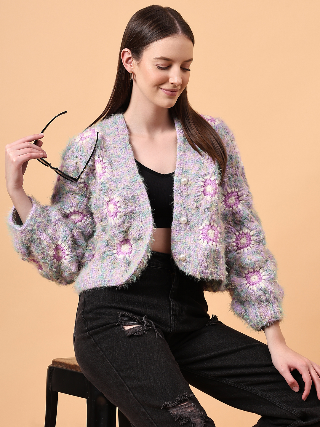 Fur Detailed Crochet Crop Cardigan - Purple