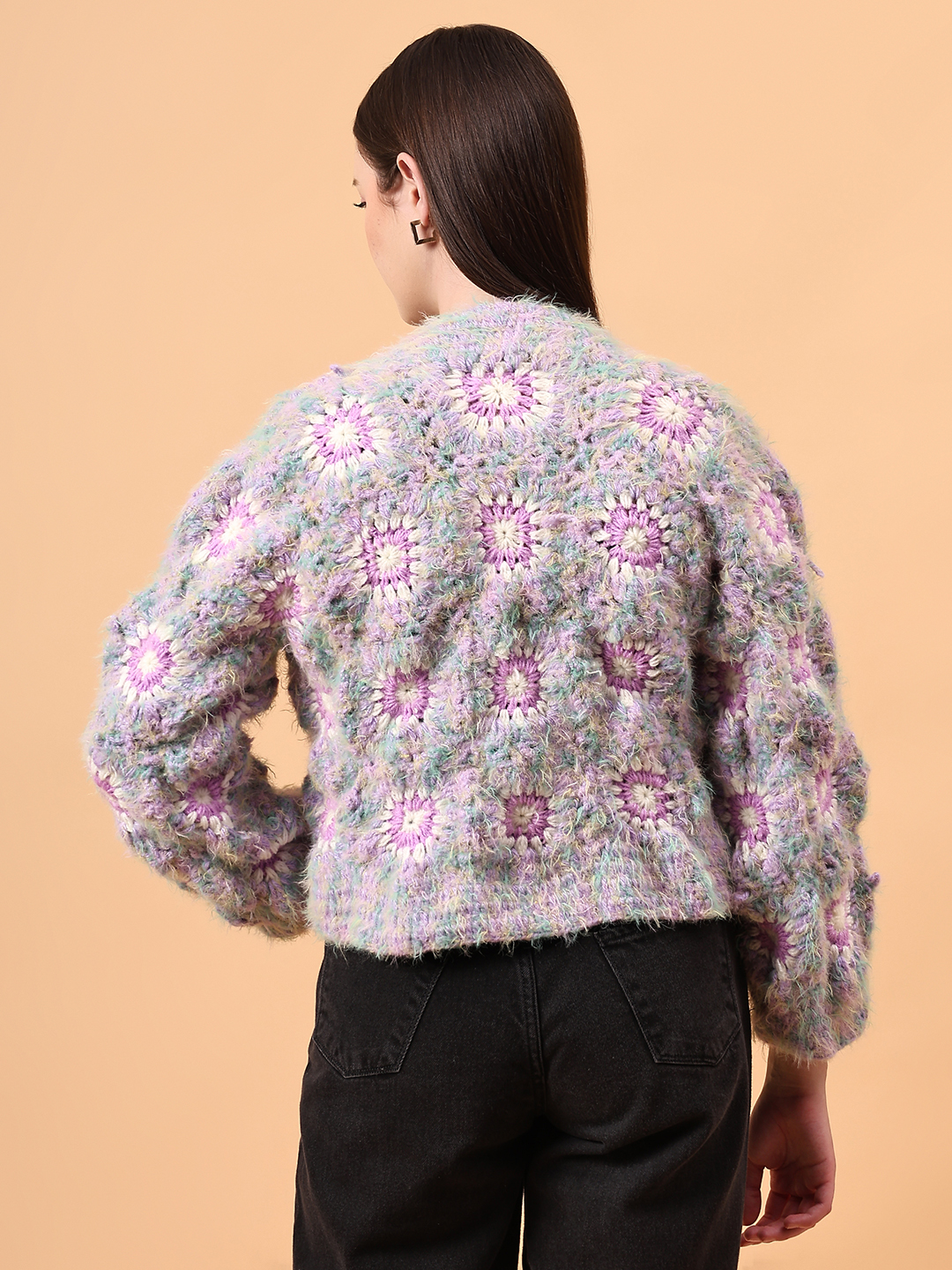 Fur Detailed Crochet Crop Cardigan - Purple