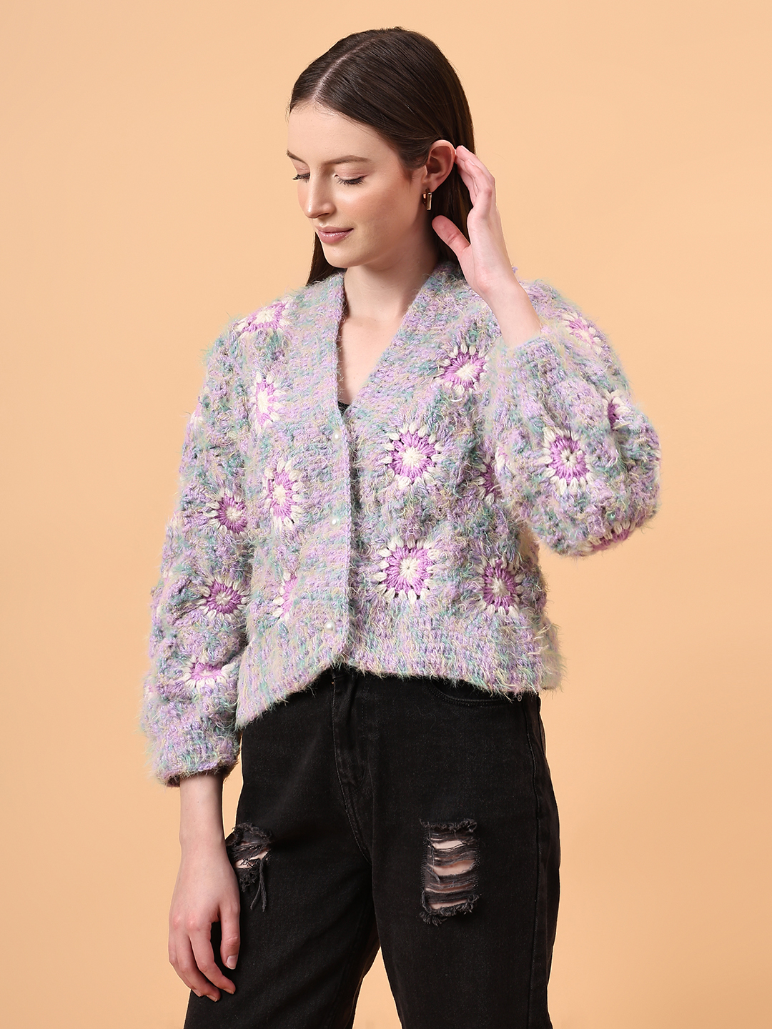 Fur Detailed Crochet Crop Cardigan - Purple