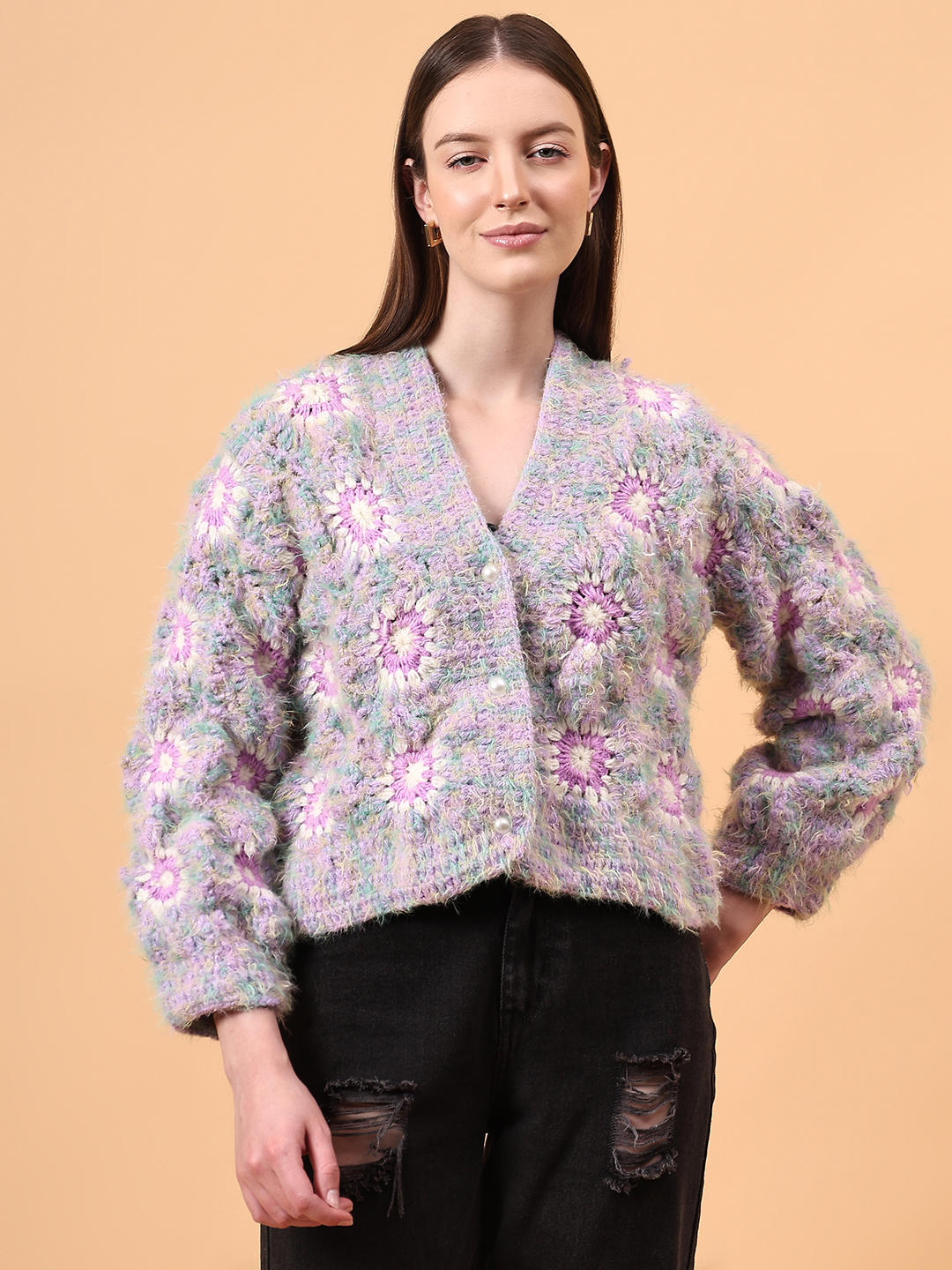 Fur Detailed Crochet Crop Cardigan - Purple