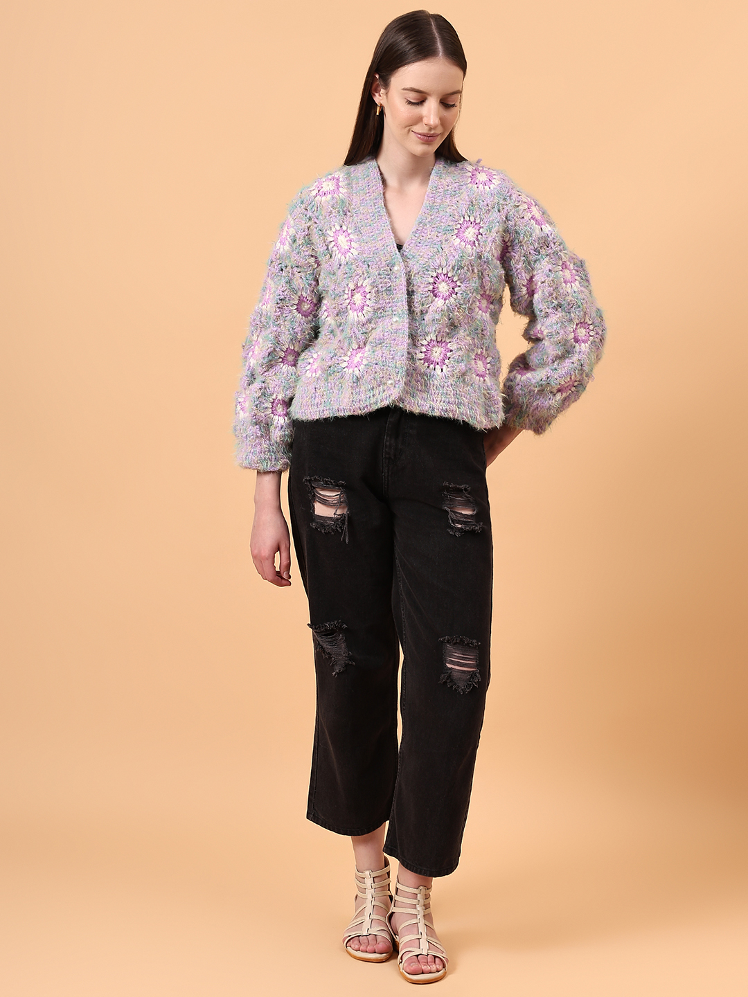 Fur Detailed Crochet Crop Cardigan - Purple
