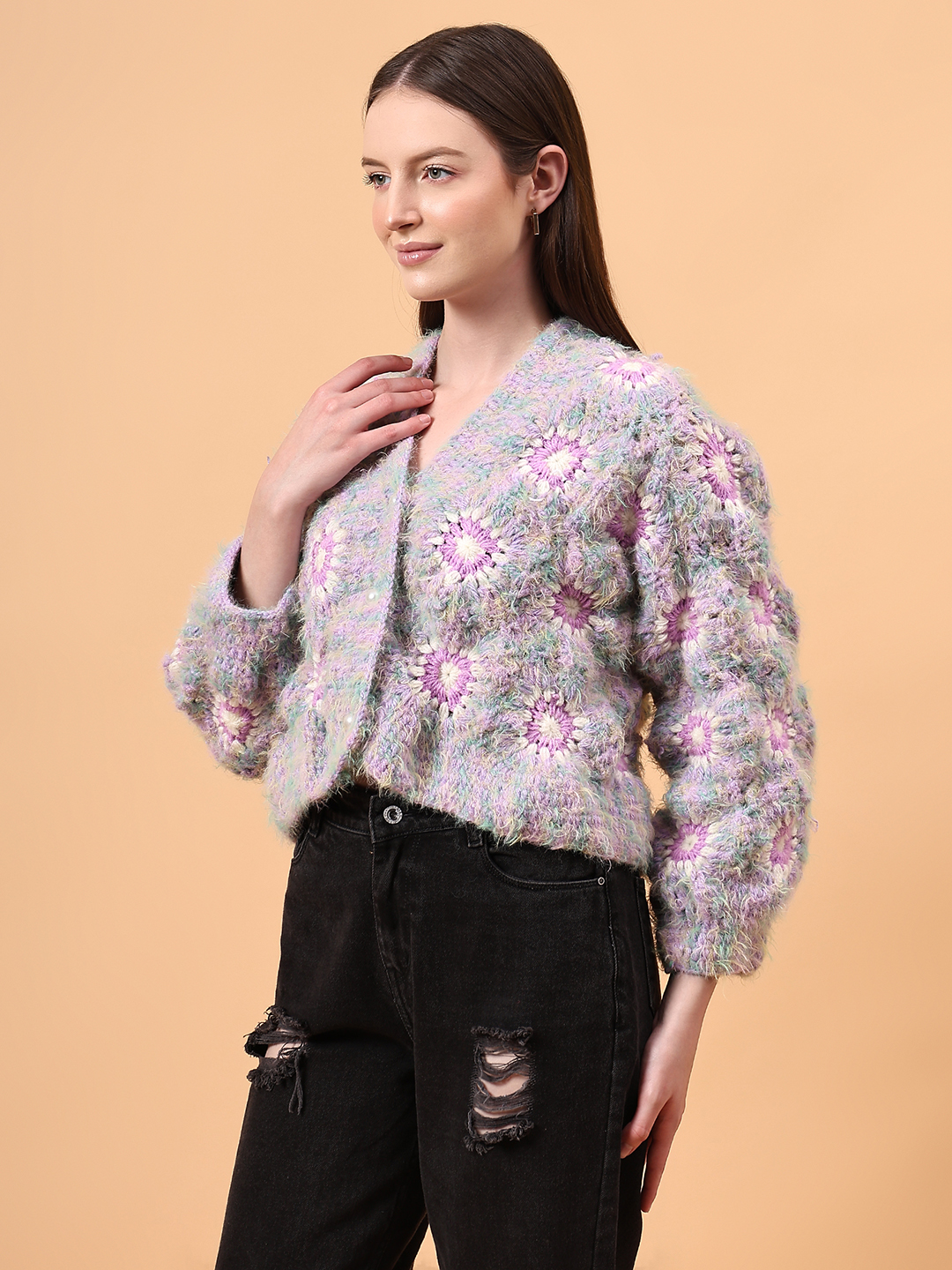 Fur Detailed Crochet Crop Cardigan - Purple