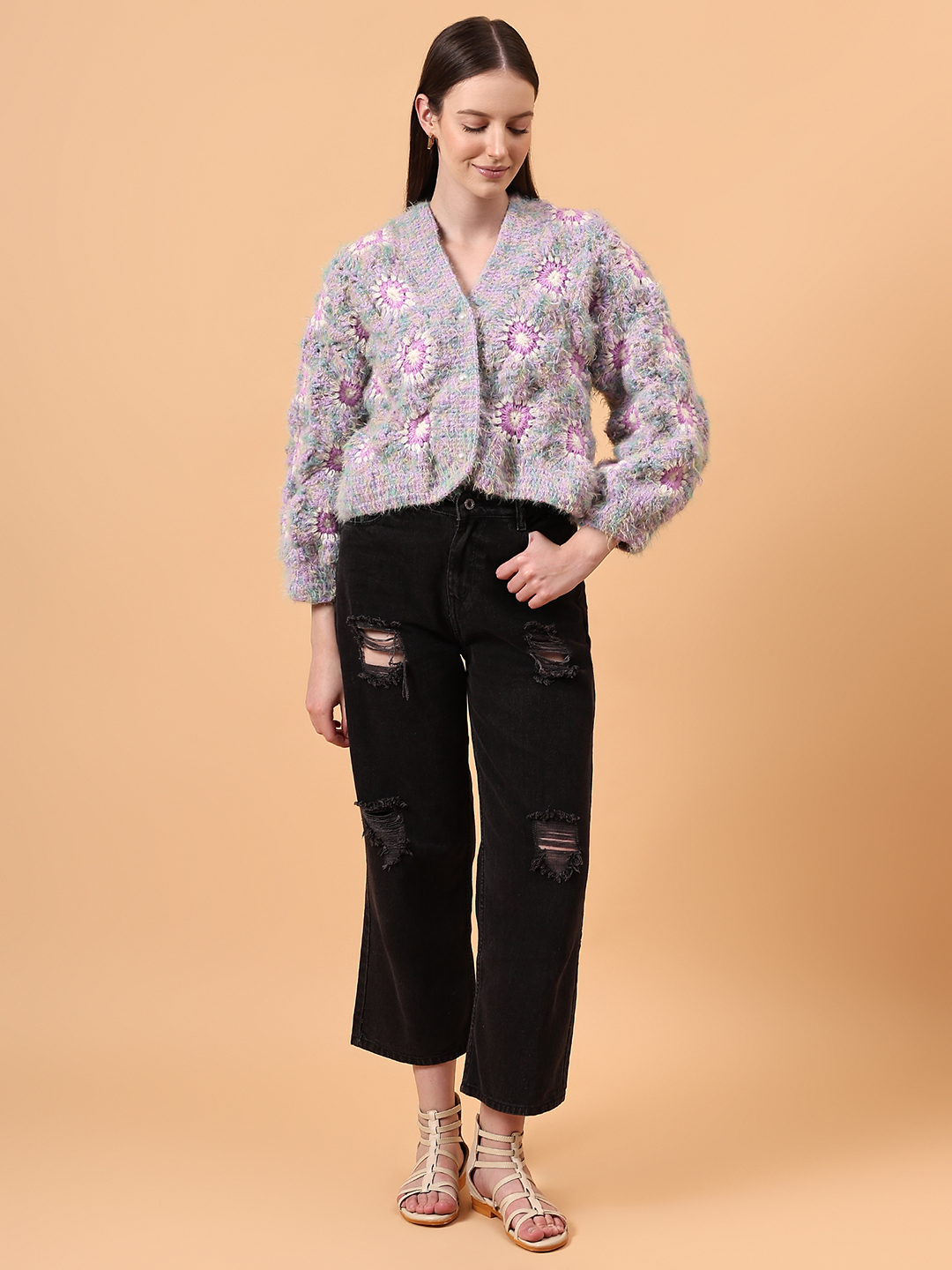 Fur Detailed Crochet Crop Cardigan - Purple