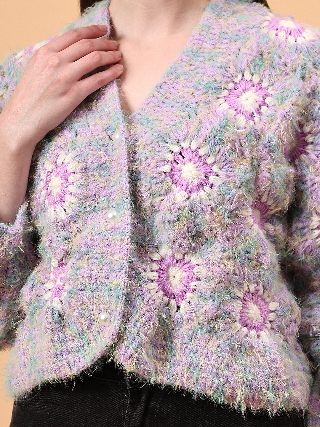 Fur Detailed Crochet Crop Cardigan - Purple