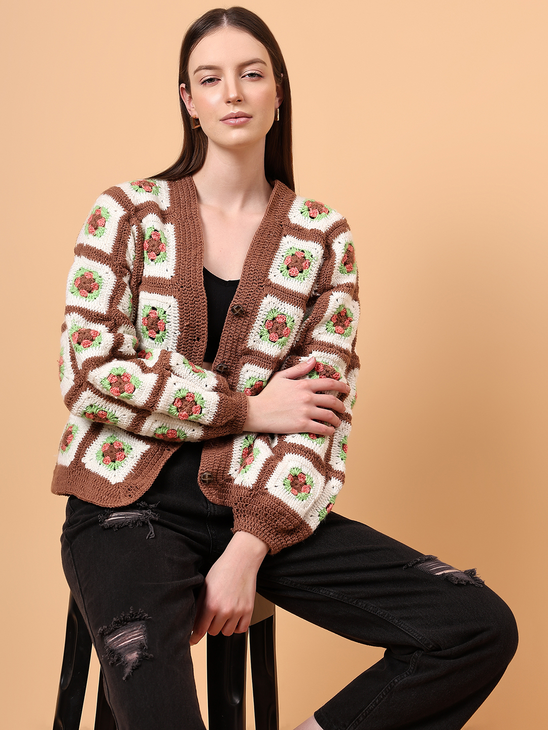 Floral V-Neck Cardigan - Brown