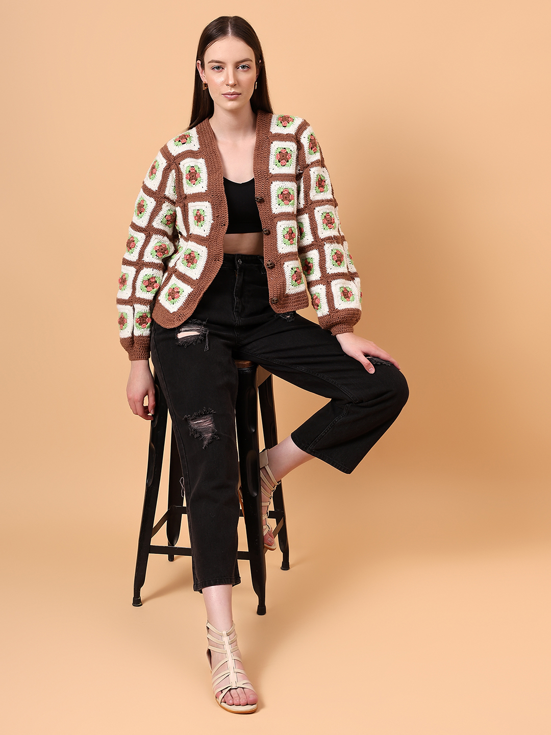 Floral V-Neck Cardigan - Brown