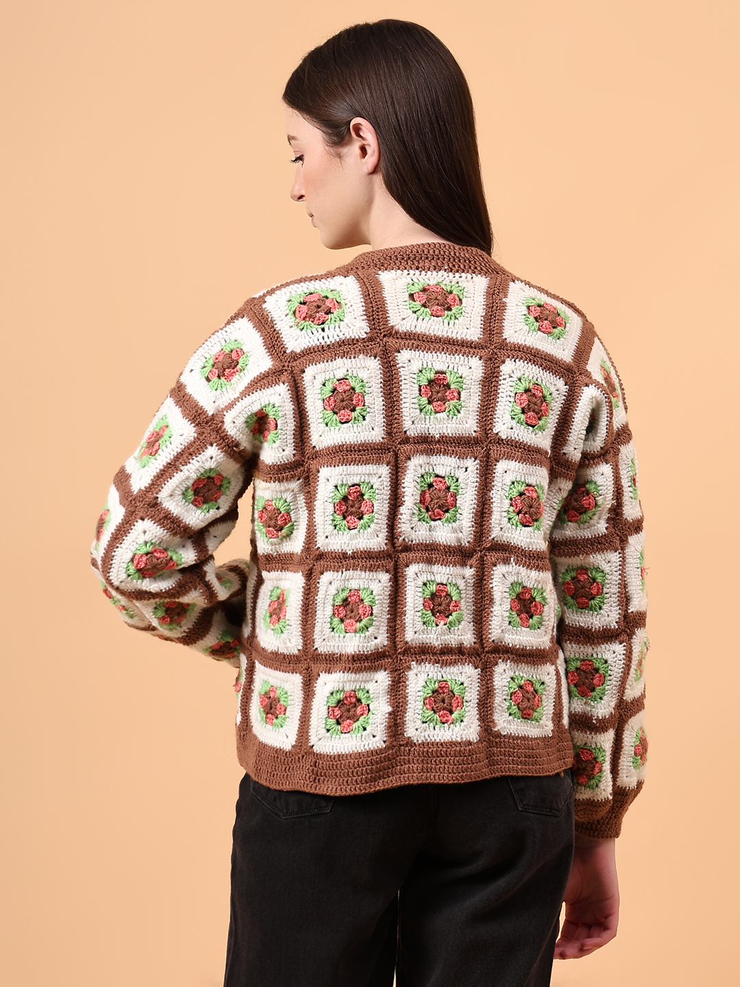 Floral V-Neck Cardigan - Brown
